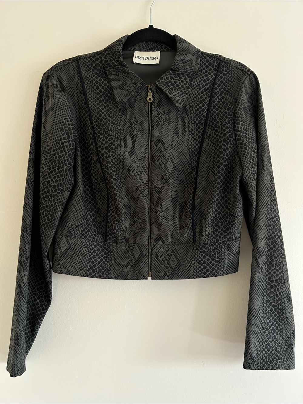 Vintage Y2K Primavera Dark Green Faux-Snake Cropped Zip Bomber Jacket, Size M